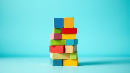 A colorful stack of wooden blocks on a light blue background, representing growth, construction, or creativity.