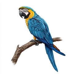 Obraz premium Vibrant Blue and Yellow Macaw Perched Elegantly on a Branch Against a Clean White Background