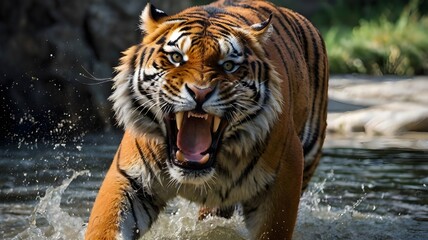 Obraz premium roaring tiger in action at a water stream 