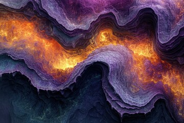 Obraz premium Abstract fractal art depicting layered, undulating forms with fiery orange and purple hues.