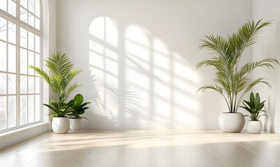 Fototapeta premium White Room with Natural Wood Flooring and Elegant Potted Plants for a Modern Look