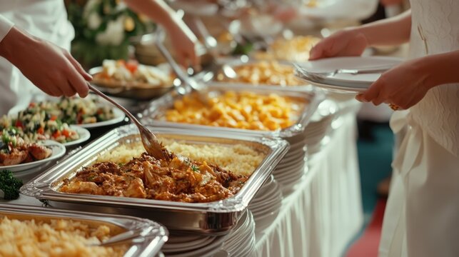 Customers selecting dishes from a buffet line filled with fresh ingredients and natural foods, including salads, garnishes. People choose different meals at all inclusive restaurant. Self service cafe