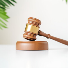 Obraz premium A wooden gavel placed upright on a plain background, representing justice, law, or legal proceedings. Perfect for law firms or judiciary-related concepts.