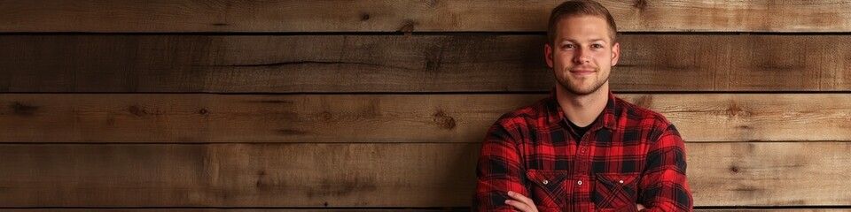 Fototapeta premium A smiling man in a plaid shirt poses against a wooden wall, conveying a friendly vibe.
