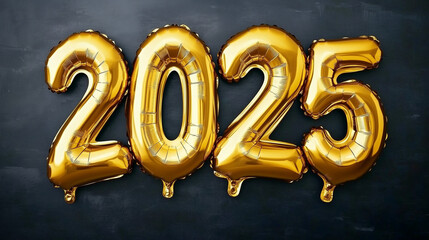 Golden “2025” foil balloons on a dark backdrop, a minimalist flat lay composition symbolizing the beginning of a new year. Perfect for New Year's Eve party invitations, social media posts, and celebra