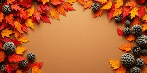 Autumnal Border of Colorful Leaves and Pine Cones on a Warm Background