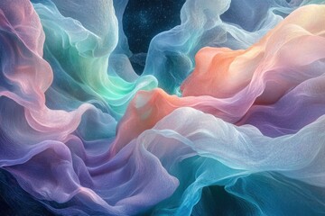 Obraz premium Abstract art depicting pastel-colored fabric swirling in a cosmic-like formation.