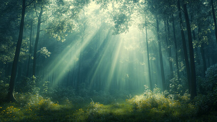 Sunlight streams through a serene woodland