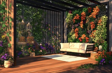 Obraz premium A serene outdoor lounge with vibrant floral walls and comfortable seating for relaxation.