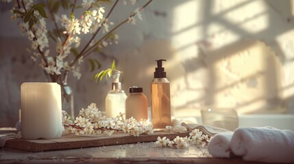 Fototapeta premium Luxurious bathroom arrangement with flowers and toiletries