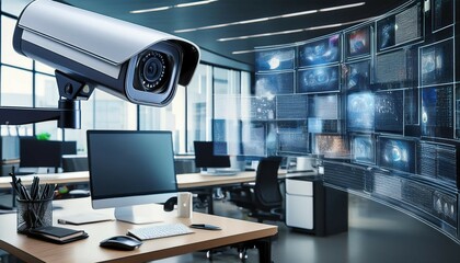 modern office security cctv camera monitoring a high tech workspace with computers and desks
