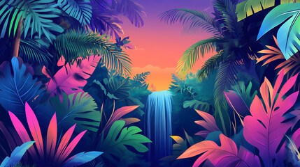 Waterfall in the jungle. Cascade. Illustration
