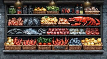 Colorful Display of Fresh Seafood and Vegetables in Rustic Market Environment
