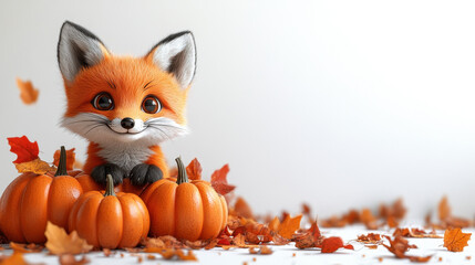 Obraz premium This adorable cartoon fox poses playfully among pumpkins and autumn leaves, capturing the spirit of fall. Its vibrant colors bring joy to any seasonal decor or creative project