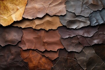 Various textures and colors of leather pieces arranged in an artistic and visually appealing manner