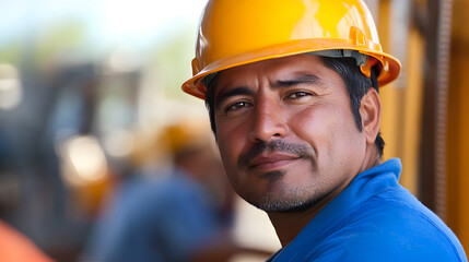 Dedicated Hispanic Construction Worker Collaborating in Dynamic Construction Site Full of Team Activity and Equipment