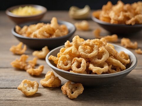 A close-up shot of a few crispy chicharrones scattered on a smooth wooden surface.