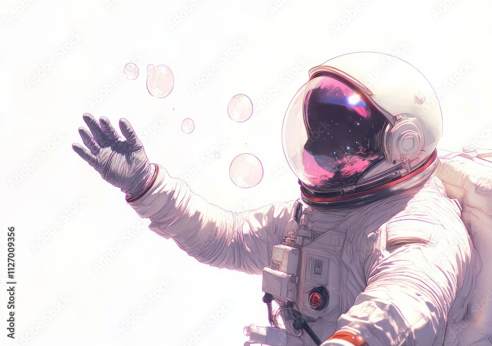 Poster an astronaut reaches out to floating bubbles in a dreamy, space-like environment.