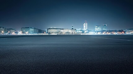 Fototapeta premium Nighttime cityscape with illuminated buildings and a dark foreground.