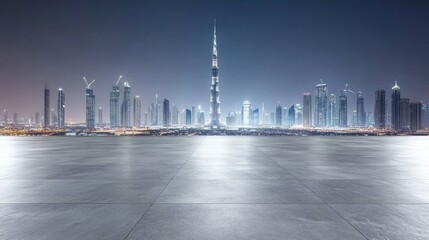 Fototapeta premium Night skyline of a modern city featuring a prominent skyscraper and illuminated buildings.