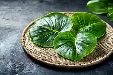 Tropical Leaf Illustration on Woven Mat