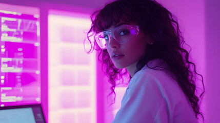 A Determined Latina Scientist Analyzing Complex Data in a Futuristic Laboratory Environment
