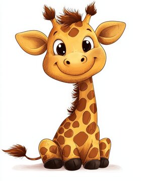 Cute and Cheerful Cartoon Giraffe with Big Eyes and Adorable Smile in Bright Colors