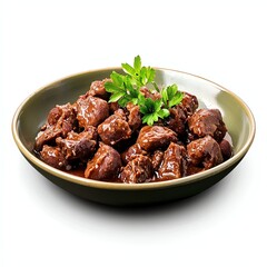 A bowl of tender, savory beef stew garnished with fresh parsley, showcasing rich flavors and a hearty meal.