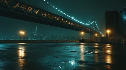Fototapeta premium A nighttime view of a bridge with city lights reflecting on wet pavement.