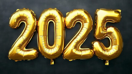 Golden “2025” foil balloons on a dark backdrop, a minimalist flat lay composition symbolizing the beginning of a new year. Perfect for New Year's Eve party invitations, social media posts, and celebra