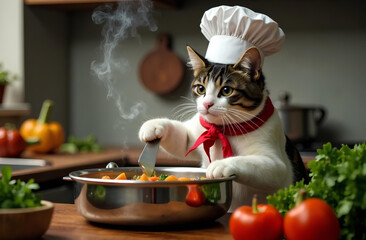 Cat in chef attire cooking vegetables in a kitchen, cute concept