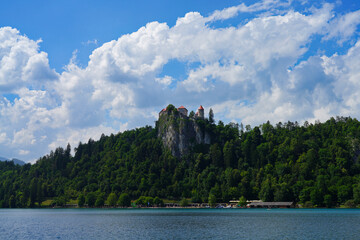 BLED, SLOVENIA -22 JUNE 2024- Landscape view of Lake Bled in summer. Bled is a lake in the Julian...