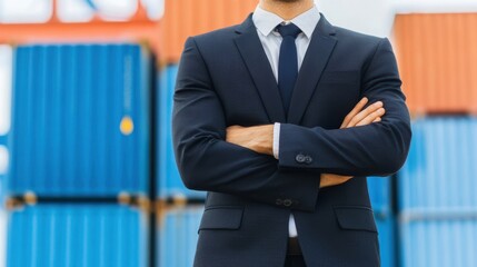Fototapeta premium A professional man in a suit stands confidently with arms crossed in front of colorful shipping containers.
