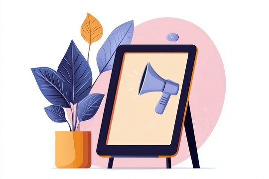 Modern digital announcement board with megaphone graphic and indoor plant decoration