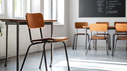 Fototapeta premium Empty classroom with wooden chairs and desks, sunlight streaming through windows.