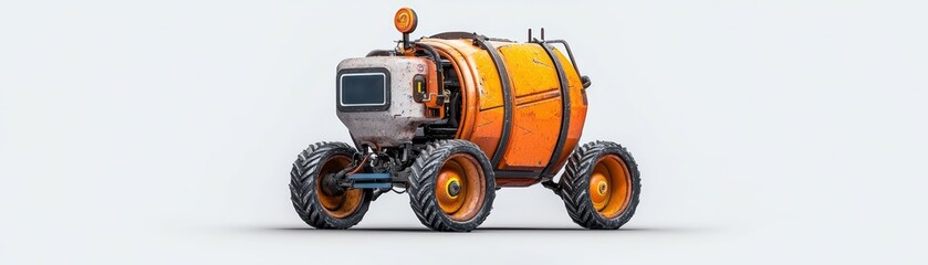 Futuristic Orange Vehicle with Large Wheels and a Unique Design in a Minimalist Setting