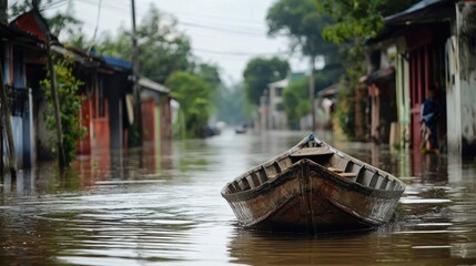 Fototapeta premium Flooded Streets with a Wooden Boat in the Foreground Surrounded by Submerged Houses and Lush Greenery, Capturing the Essence of Natural Disasters and Urban Resilience