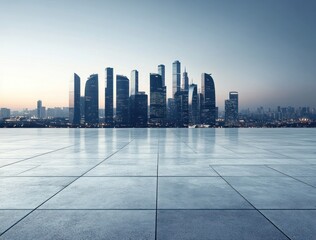 Obraz premium A modern city skyline at dawn with a clear floor in the foreground.