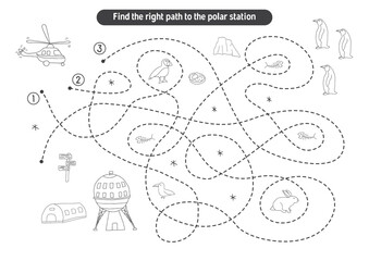 Fototapeta premium Labyrinth, Maze game for children. Logical puzzle for kids. Quest to find the right path for a helicopter to polar station. Vector illustration.