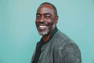 Portrait of a grinning afro-american man in his 40s wearing a trendy bomber jacket on pastel teal background