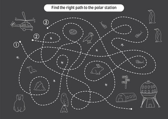 Labyrinth, Maze game for children. Logical puzzle for kids. Quest to find the right path for a helicopter to polar station. Vector illustration.