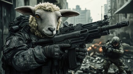 A surreal scene featuring a sheep in military gear wielding a weapon in a war-torn environment.