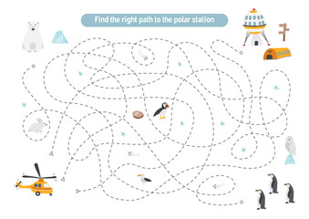 Labyrinth, Maze game for children. Logical puzzle for kids. Quest to find the right path for a helicopter to polar station. Vector illustration.