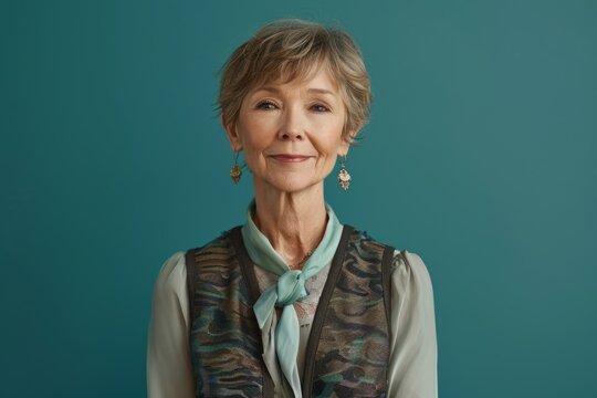 Portrait of a content caucasian woman in her 50s dressed in a polished vest isolated on pastel teal background