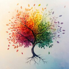 The vibrant tree of life stands tall, its branches branching out in various hues of red, orange, yellow, green, and purple
