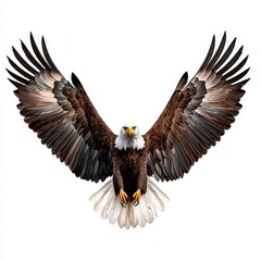 Fototapeta premium Majestic Bald Eagle Glaring with Outstretched Wings in a Dramatic Pose on White Background