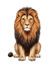 Obraz premium Detailed Illustration of a Regal Lion with Majestic Mane Sitting Proudly on a White Background