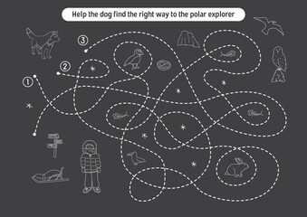 Labyrinth, Maze game for children. Logical puzzle for kids. Quest to find the right path for a dog to polar explorer. Vector illustration.