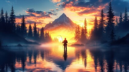 Fototapeta premium Serene Fisherman at Sunset Reflecting on Calm Lake Surrounded by Pine Trees and Mountains