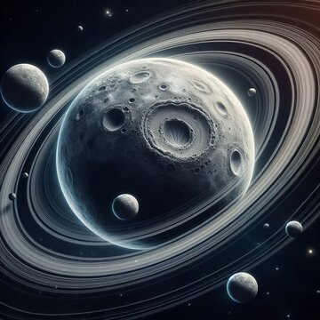 Ringed Moon with Volcanic Moonlets A large ringed moon is orbite